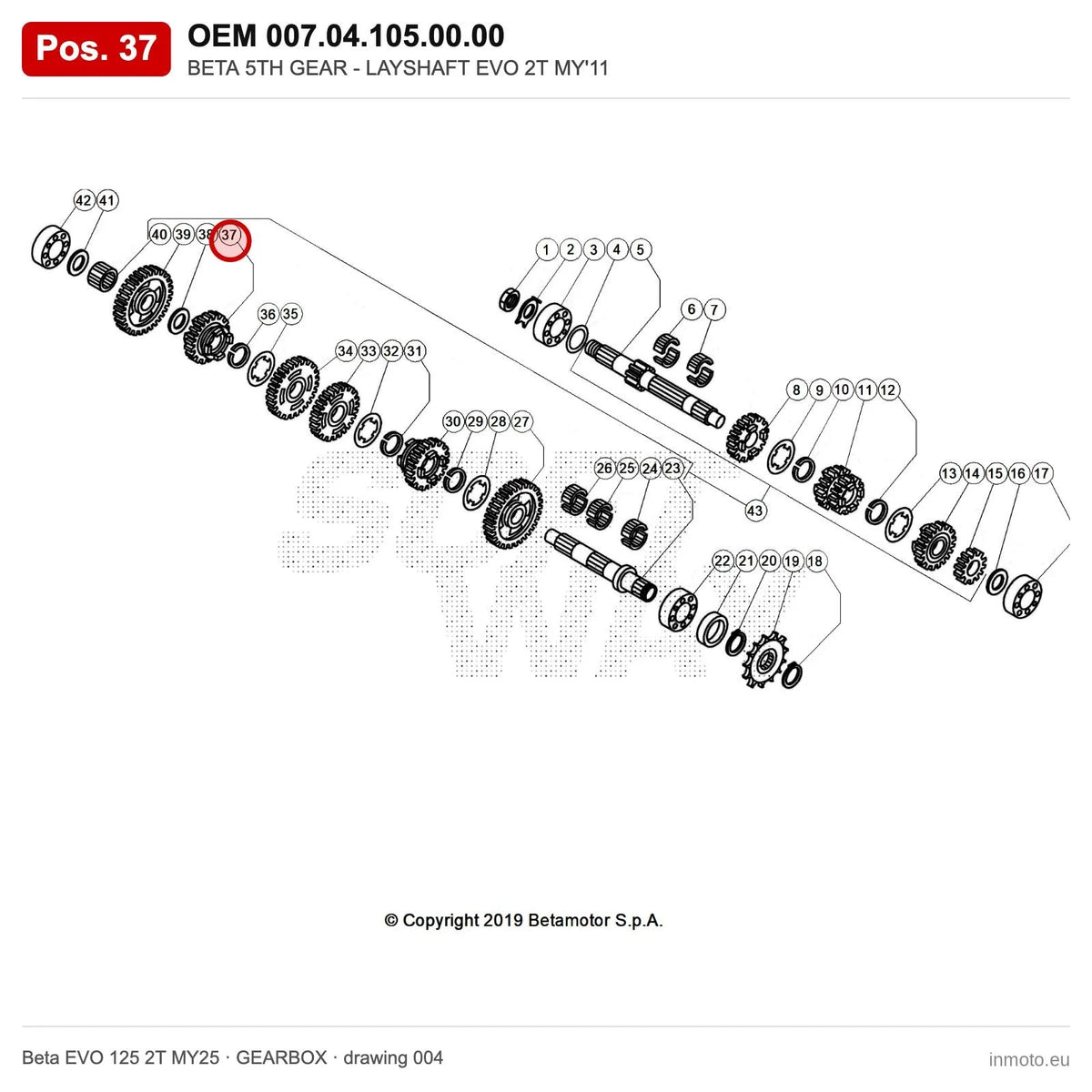 BETA 5TH GEAR - LAYSHAFT EVO 2T MY'11 – OEM 007.04.105.00.00, position 37 on the Beta EVO 125 2T MY25 gearbox drawing