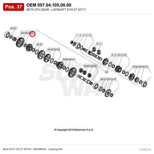 BETA 5TH GEAR - LAYSHAFT EVO 2T MY'11 – OEM 007.04.105.00.00, position 37 on the Beta EVO 125 2T MY25 gearbox drawing