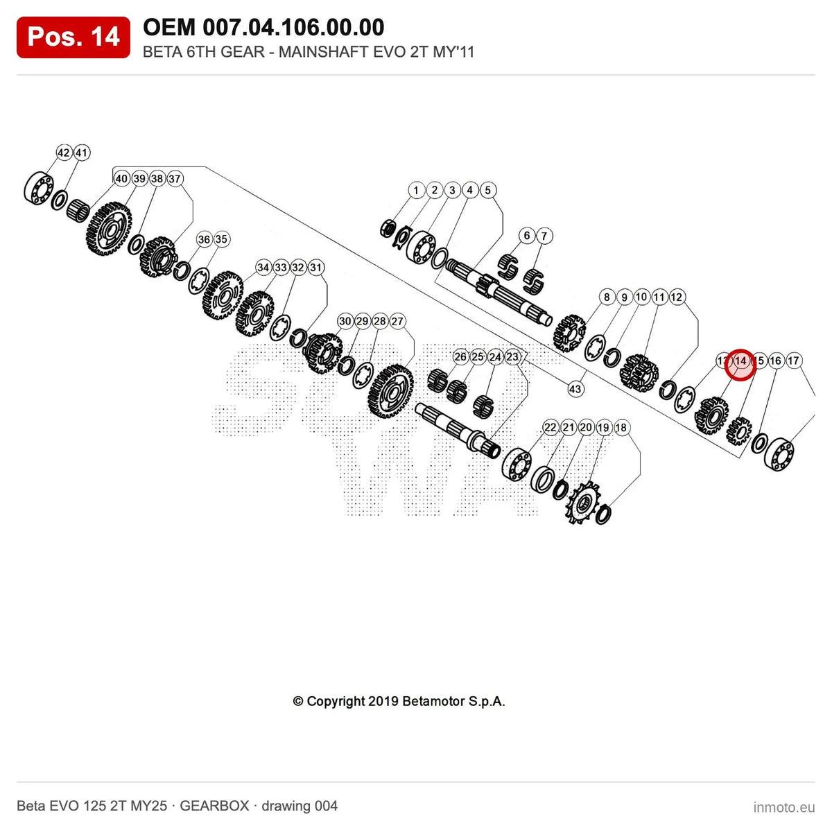 BETA 6TH GEAR - MAINSHAFT EVO 2T MY'11 – OEM 007.04.106.00.00, position 14 on the Beta EVO 125 2T MY25 gearbox drawing