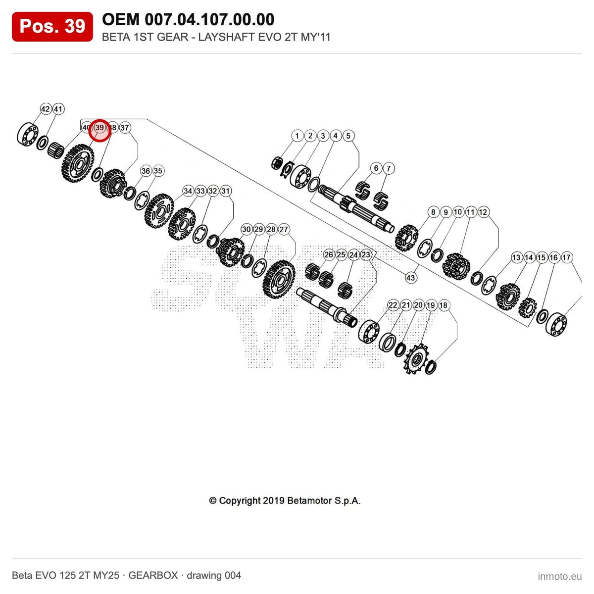 BETA 1ST GEAR - LAYSHAFT EVO 2T MY'11 – OEM 007.04.107.00.00, position 39 on the Beta EVO 125 2T MY25 gearbox drawing