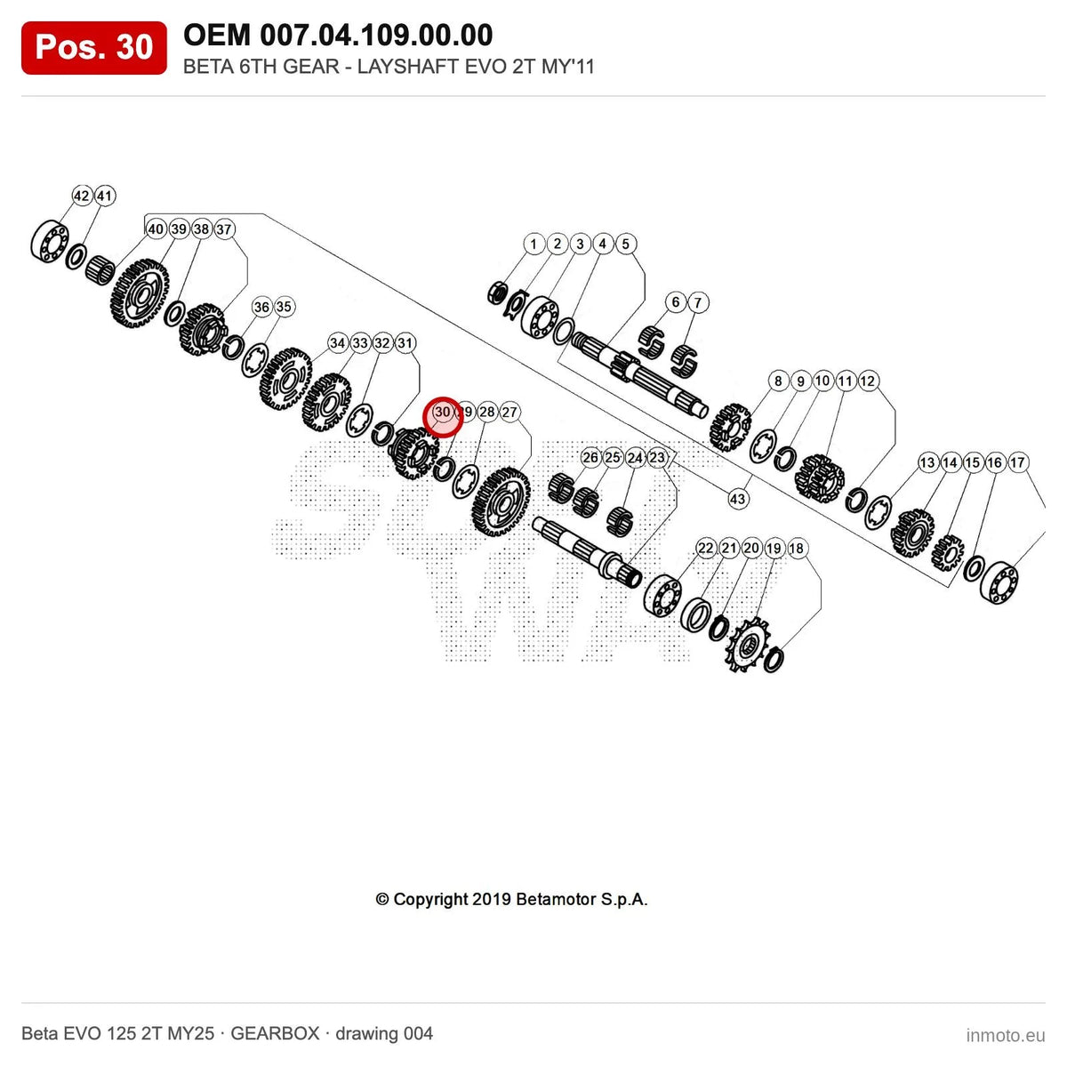 BETA 6TH GEAR - LAYSHAFT EVO 2T MY'11 – OEM 007.04.109.00.00, position 30 on the Beta EVO 125 2T MY25 gearbox drawing