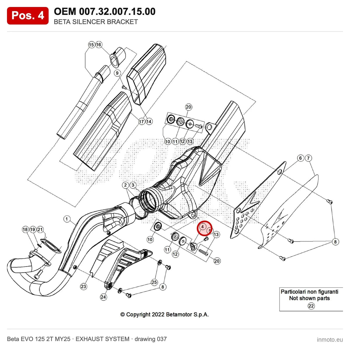 BETA SILENCER BRACKET – OEM 007.32.007.15.00, position 4 on the Beta EVO 125 2T MY25 exhaust system drawing