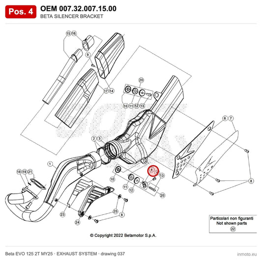 BETA SILENCER BRACKET – OEM 007.32.007.15.00, position 4 on the Beta EVO 125 2T MY25 exhaust system drawing