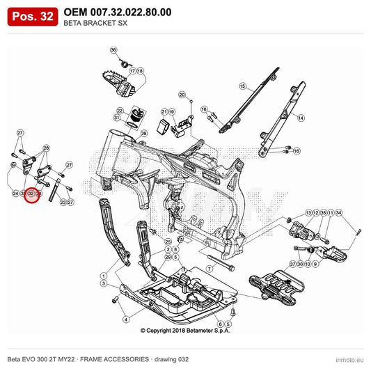 BETA BRACKET SX – OEM 007.32.022.80.00, position 32 on the Beta EVO 300 2T MY22 frame accessories drawing