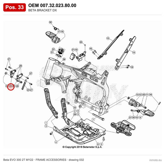 BETA BRACKET DX – OEM 007.32.023.80.00, position 33 on the Beta EVO 300 2T MY22 frame accessories drawing