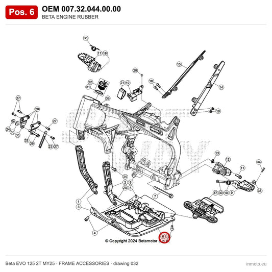 BETA ENGINE RUBBER – OEM 007.32.044.00.00, position 6 on the Beta EVO 125 2T MY25 frame accessories drawing