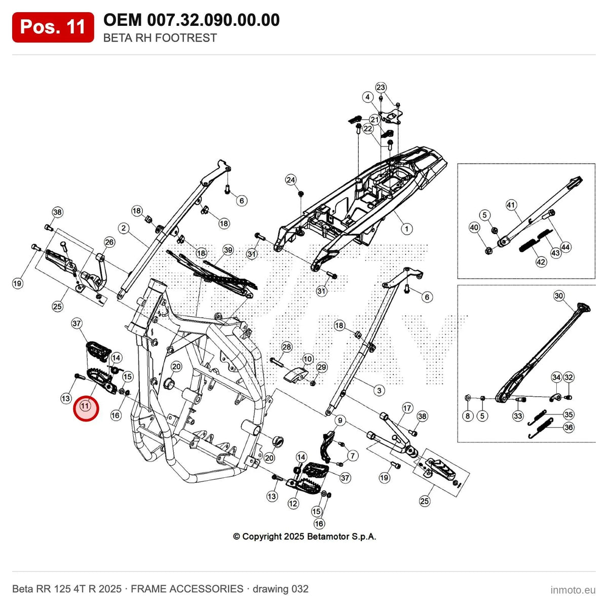 BETA RH FOOTREST – OEM 007.32.090.00.00, position 11 on the Beta RR 125 4T R 2025 frame accessories drawing