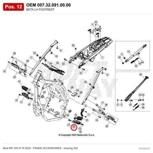 BETA LH FOOTREST – OEM 007.32.091.00.00, position 12 on the Beta RR 125 4T R 2025 frame accessories drawing