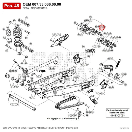 BETA LONG SPACER – OEM 007.33.036.00.00, position 45 on the Beta EVO 300 4T MY25 swing arm/rear suspension drawing