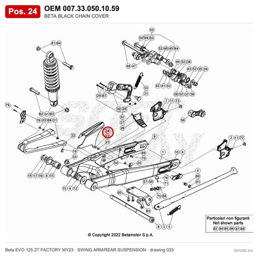 BETA BLACK CHAIN COVER – OEM 007.33.050.10.59, position 24 on the Beta EVO 125 2T FACTORY MY23 swing arm/rear suspension drawing