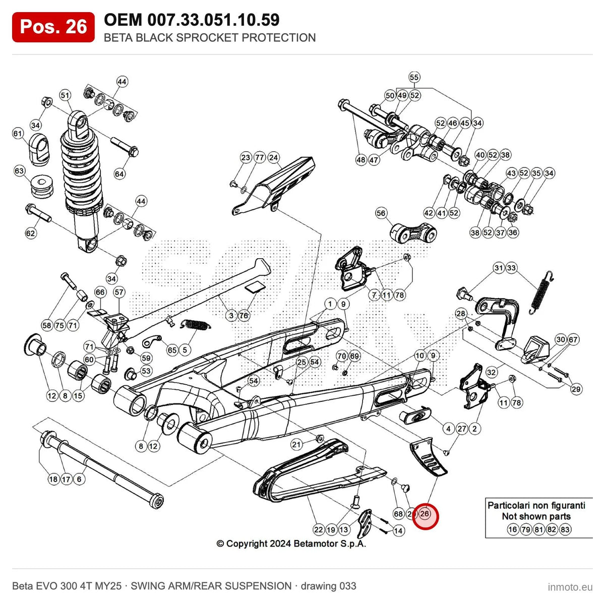 BETA BLACK SPROCKET PROTECTION – OEM 007.33.051.10.59, position 26 on the Beta EVO 300 4T MY25 swing arm/rear suspension drawing