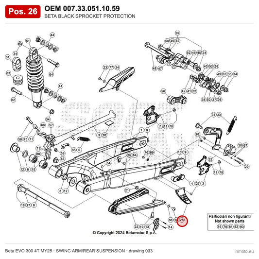 BETA BLACK SPROCKET PROTECTION – OEM 007.33.051.10.59, position 26 on the Beta EVO 300 4T MY25 swing arm/rear suspension drawing