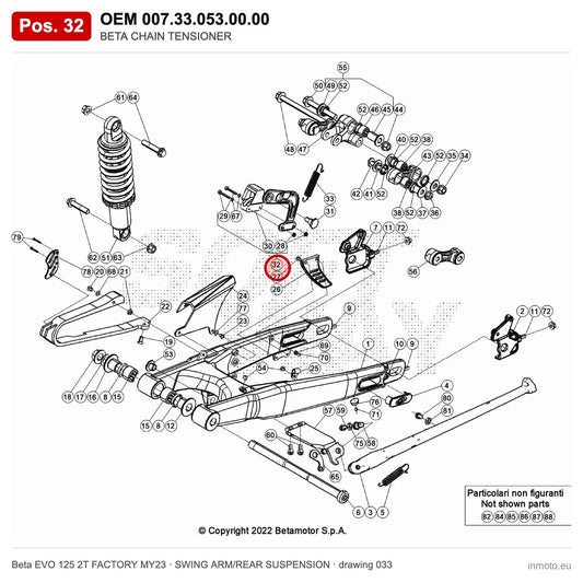 BETA CHAIN TENSIONER – OEM 007.33.053.00.00, position 32 on the Beta EVO 125 2T FACTORY MY23 swing arm/rear suspension drawing