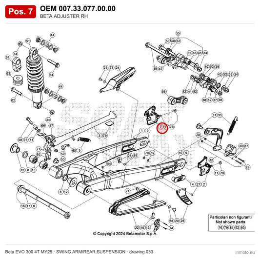 BETA ADJUSTER RH – OEM 007.33.077.00.00, position 7 on the Beta EVO 300 4T MY25 swing arm/rear suspension drawing