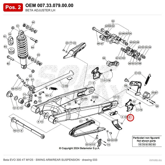 BETA ADJUSTER LH – OEM 007.33.079.00.00, position 2 on the Beta EVO 300 4T MY25 swing arm/rear suspension drawing