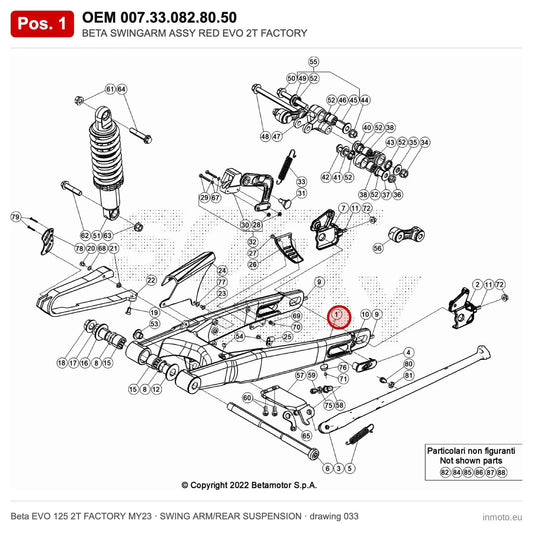 BETA SWINGARM ASSY RED EVO 2T FACTORY – OEM 007.33.082.80.50, position 1 on the Beta EVO 125 2T FACTORY MY23 swing arm/rear suspension drawing