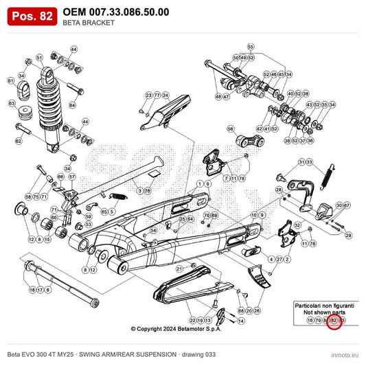 BETA BRACKET – OEM 007.33.086.50.00, position 82 on the Beta EVO 300 4T MY25 swing arm/rear suspension drawing