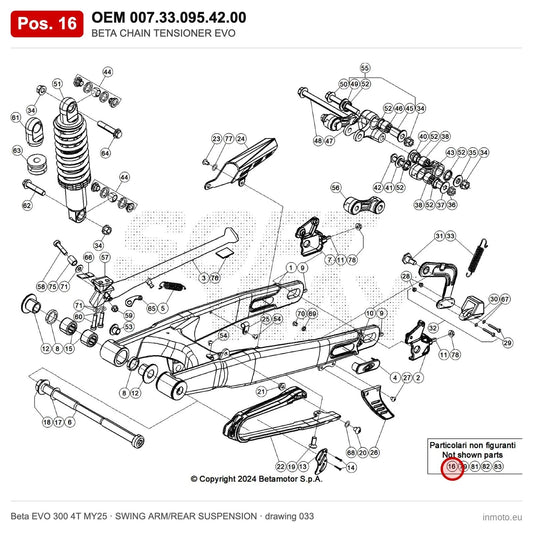 BETA CHAIN TENSIONER EVO – OEM 007.33.095.42.00, position 16 on the Beta EVO 300 4T MY25 swing arm/rear suspension drawing