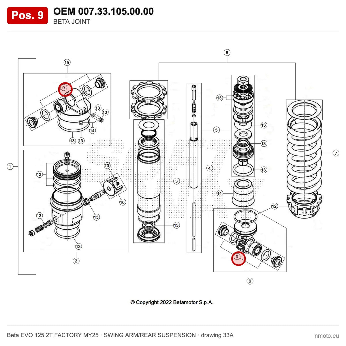 BETA JOINT – OEM 007.33.105.00.00, position 9 on the Beta EVO 125 2T FACTORY MY25 swing arm/rear suspension drawing