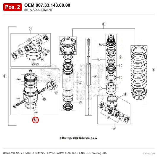 BETA ADJUSTMENT – OEM 007.33.143.00.00, position 2 on the Beta EVO 125 2T FACTORY MY25 swing arm/rear suspension drawing