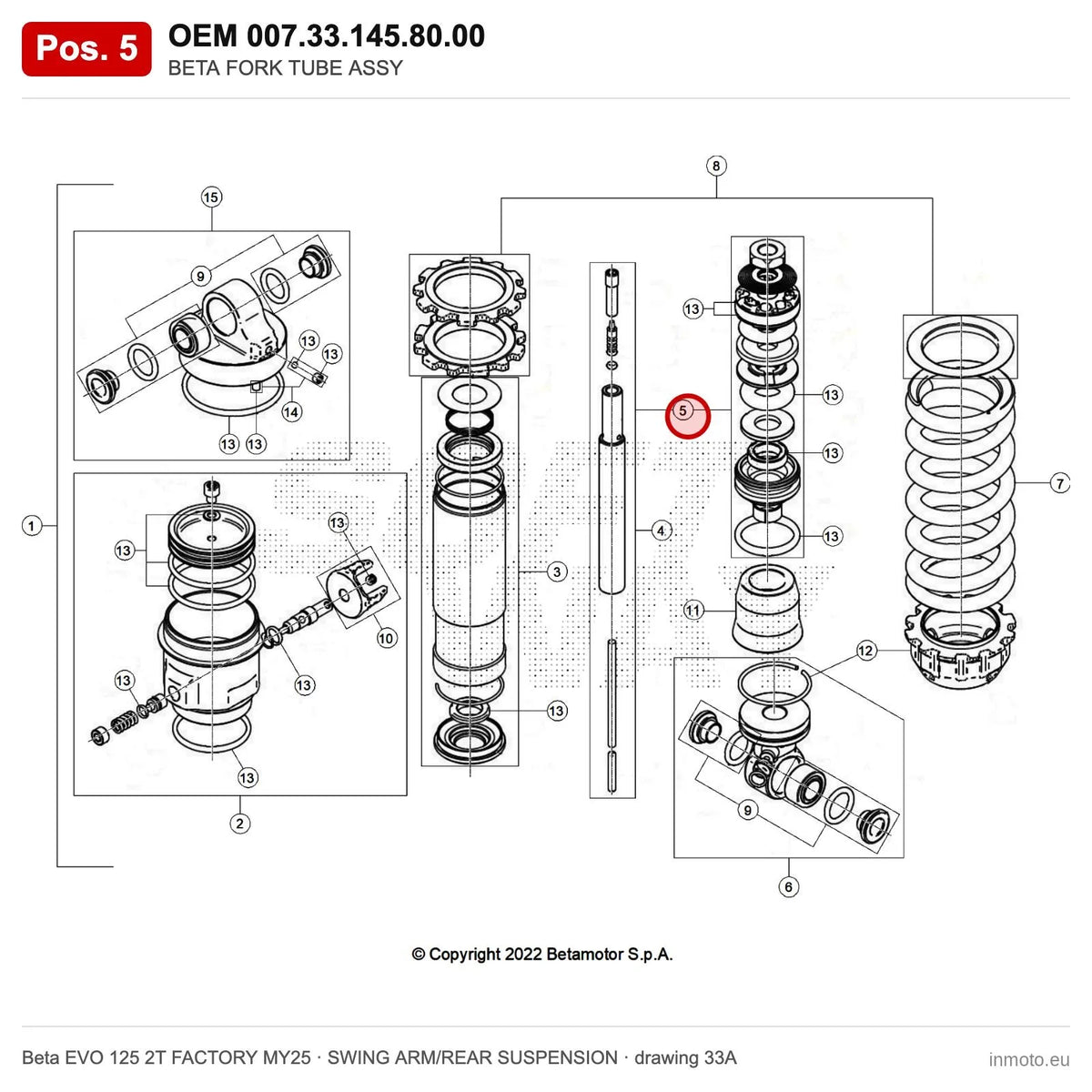 BETA FORK TUBE ASSY – OEM 007.33.145.80.00, position 5 on the Beta EVO 125 2T FACTORY MY25 swing arm/rear suspension drawing