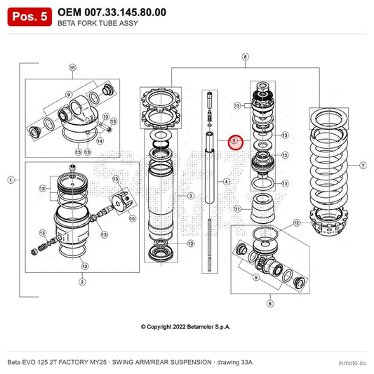 BETA FORK TUBE ASSY – OEM 007.33.145.80.00, position 5 on the Beta EVO 125 2T FACTORY MY25 swing arm/rear suspension drawing