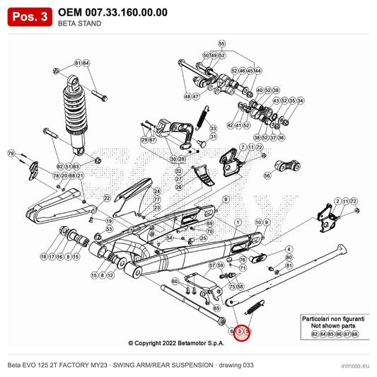 BETA STAND – OEM 007.33.160.00.00, position 3 on the Beta EVO 125 2T FACTORY MY23 swing arm/rear suspension drawing