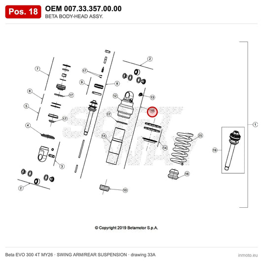 BETA BODY-HEAD ASSY. – OEM 007.33.357.00.00, position 18 on the Beta EVO 300 4T MY26 swing arm/rear suspension drawing