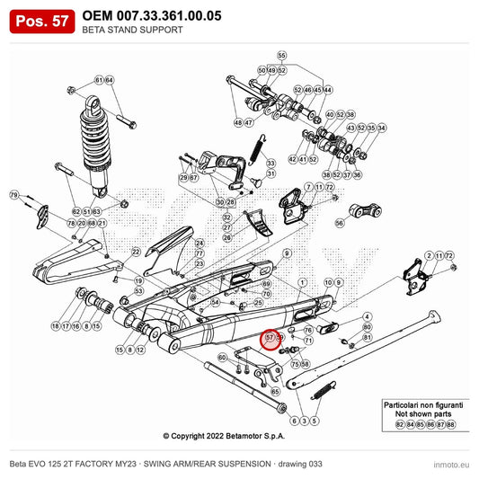 BETA STAND SUPPORT – OEM 007.33.361.00.05, position 57 on the Beta EVO 125 2T FACTORY MY23 swing arm/rear suspension drawing