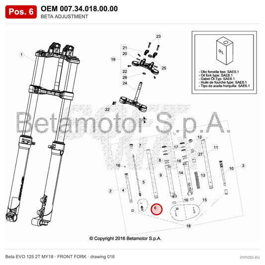 BETA ADJUSTMENT – OEM 007.34.018.00.00, position 6 on the Beta EVO 125 2T MY18 front fork drawing