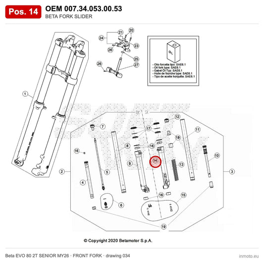 BETA FORK SLIDER – OEM 007.34.053.00.53, position 14 on the Beta EVO 80 2T SENIOR MY26 front fork drawing