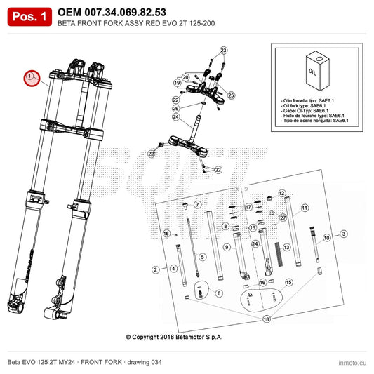 BETA FRONT FORK ASSY RED EVO 2T 125-200 – OEM 007.34.069.82.53, position 1 on the Beta EVO 125 2T MY24 front fork drawing
