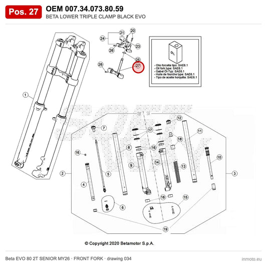 BETA LOWER TRIPLE CLAMP BLACK EVO – OEM 007.34.073.80.59, position 27 on the Beta EVO 80 2T SENIOR MY26 front fork drawing