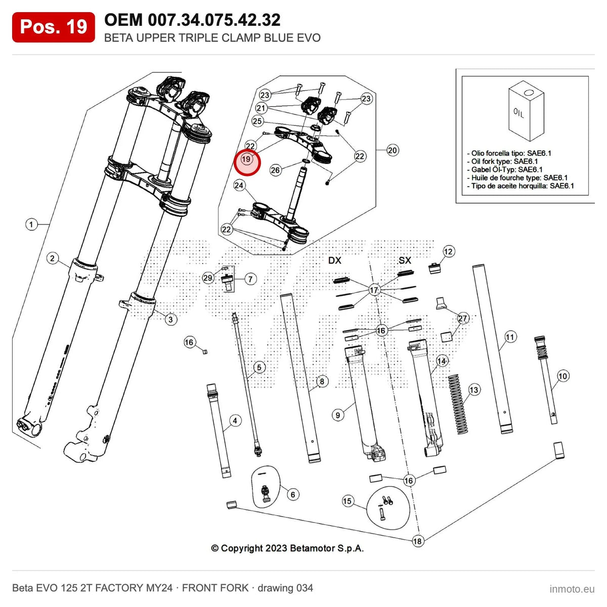 BETA UPPER TRIPLE CLAMP BLUE EVO – OEM 007.34.075.42.32, position 19 on the Beta EVO 125 2T FACTORY MY24 front fork drawing