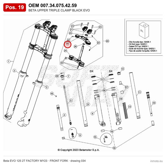 BETA UPPER TRIPLE CLAMP BLACK EVO – OEM 007.34.075.42.59, position 19 on the Beta EVO 125 2T FACTORY MY23 front fork drawing