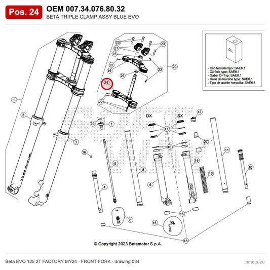 BETA TRIPLE CLAMP ASSY BLUE EVO – OEM 007.34.076.80.32, position 24 on the Beta EVO 125 2T FACTORY MY24 front fork drawing