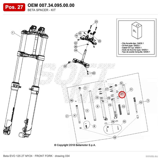 BETA SPACER - KIT – OEM 007.34.095.00.00, position 27 on the Beta EVO 125 2T MY24 front fork drawing