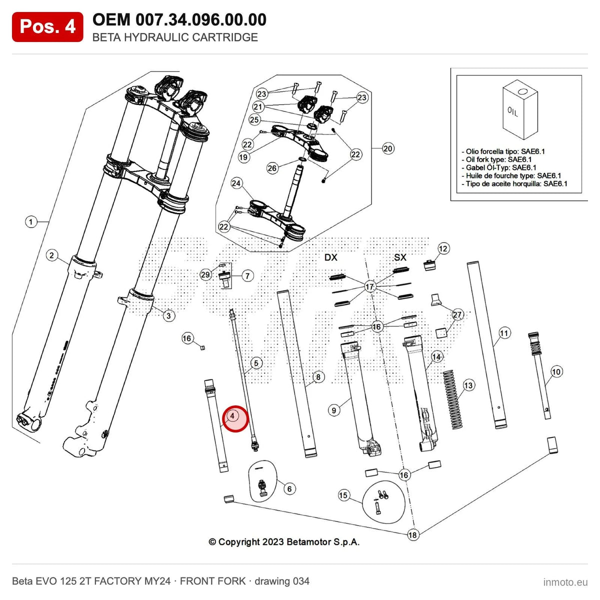 BETA HYDRAULIC CARTRIDGE – OEM 007.34.096.00.00, position 4 on the Beta EVO 125 2T FACTORY MY24 front fork drawing