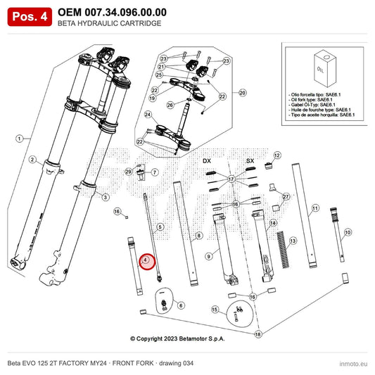 BETA HYDRAULIC CARTRIDGE – OEM 007.34.096.00.00, position 4 on the Beta EVO 125 2T FACTORY MY24 front fork drawing