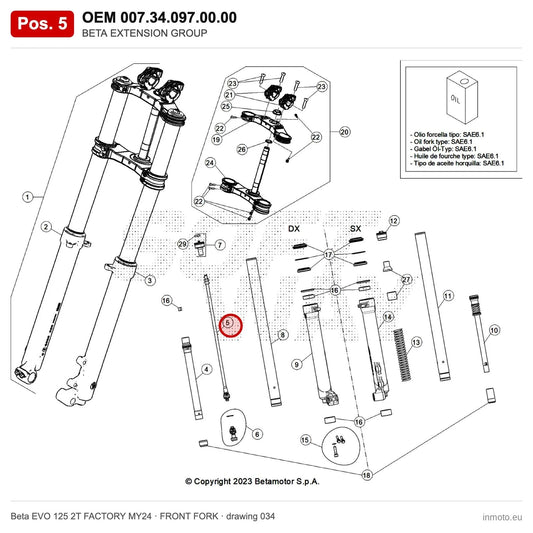 BETA EXTENSION GROUP – OEM 007.34.097.00.00, position 5 on the Beta EVO 125 2T FACTORY MY24 front fork drawing