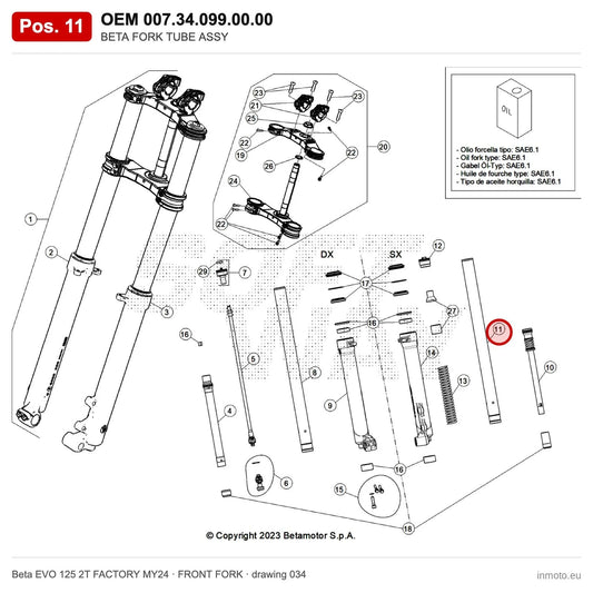 BETA FORK TUBE ASSY – OEM 007.34.099.00.00, position 11 on the Beta EVO 125 2T FACTORY MY24 front fork drawing
