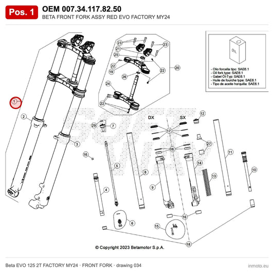 BETA FRONT FORK ASSY RED EVO FACTORY MY24 – OEM 007.34.117.82.50, position 1 on the Beta EVO 125 2T FACTORY MY24 front fork drawing
