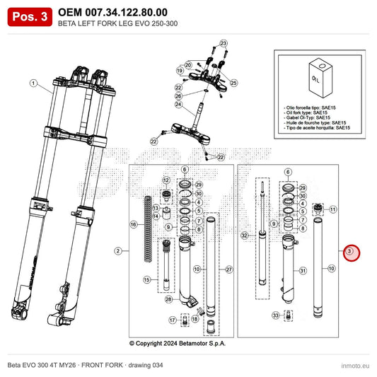 BETA LEFT FORK LEG EVO 250-300 – OEM 007.34.122.80.00, position 3 on the Beta EVO 300 4T MY26 front fork drawing
