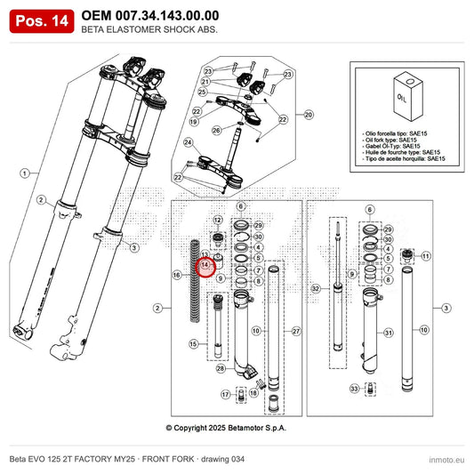 BETA RUBBER PAD_1 – OEM 007.34.143.00.00, position 14 on the Beta EVO 125 2T FACTORY MY25 front fork drawing
