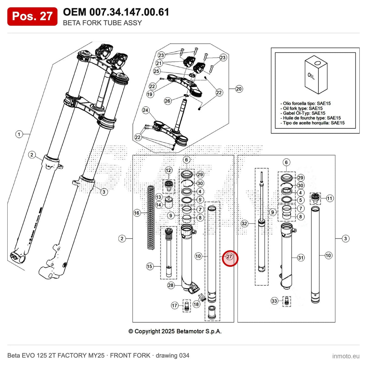 BETA FORK TUBE ASSY – OEM 007.34.147.00.61, position 27 on the Beta EVO 125 2T FACTORY MY25 front fork drawing