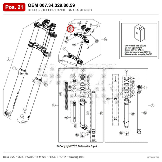 BETA U-BOLT FOR HANDLEBAR FASTENING – OEM 007.34.329.80.59, position 21 on the Beta EVO 125 2T FACTORY MY25 front fork drawing