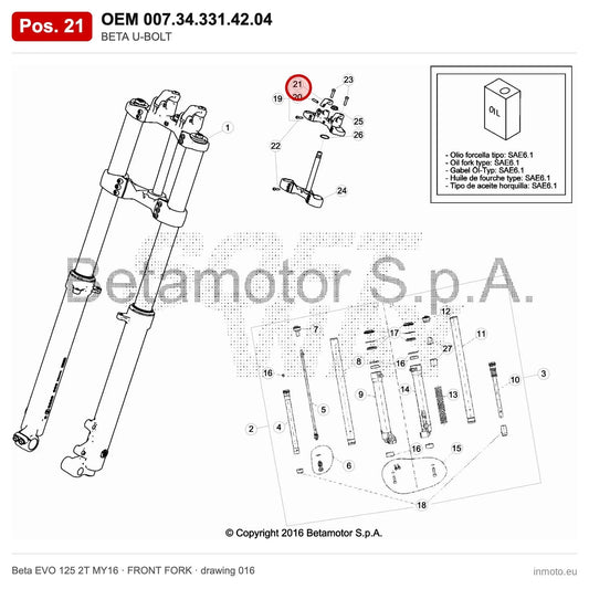 BETA U-BOLT – OEM 007.34.331.42.04, position 21 on the Beta EVO 125 2T MY16 front fork drawing