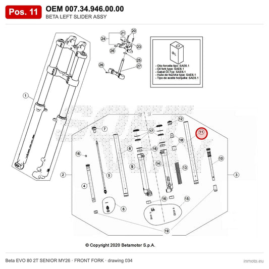 BETA LEFT SLIDER ASSY – OEM 007.34.946.00.00, position 11 on the Beta EVO 80 2T SENIOR MY26 front fork drawing