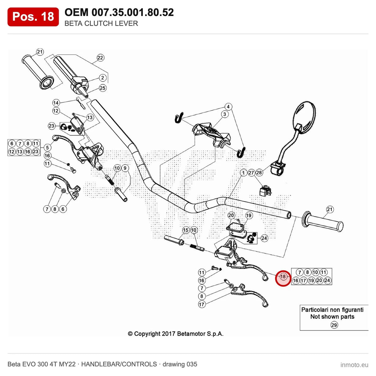 BETA CLUTCH LEVER – OEM 007.35.001.80.52, position 18 on the Beta EVO 300 4T MY22 handlebar/controls drawing