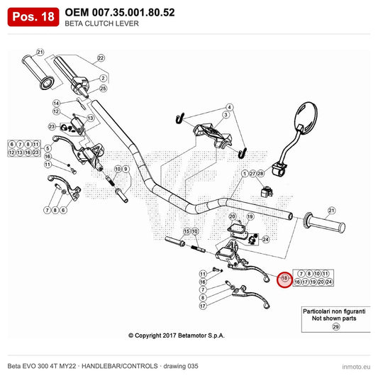 BETA CLUTCH LEVER – OEM 007.35.001.80.52, position 18 on the Beta EVO 300 4T MY22 handlebar/controls drawing